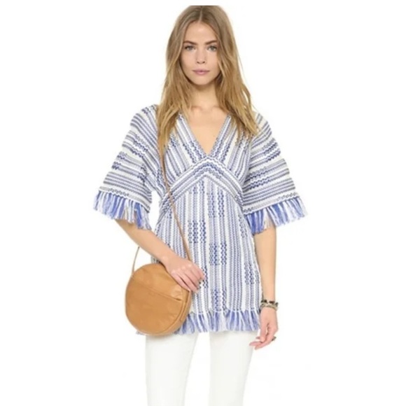 TORY BURCH TEXTURED WOVEN EMPIRE WAIST BOHO BLUE WHITE TUNIC TOP SIZE MEDIUM NWT - Picture 5 of 16